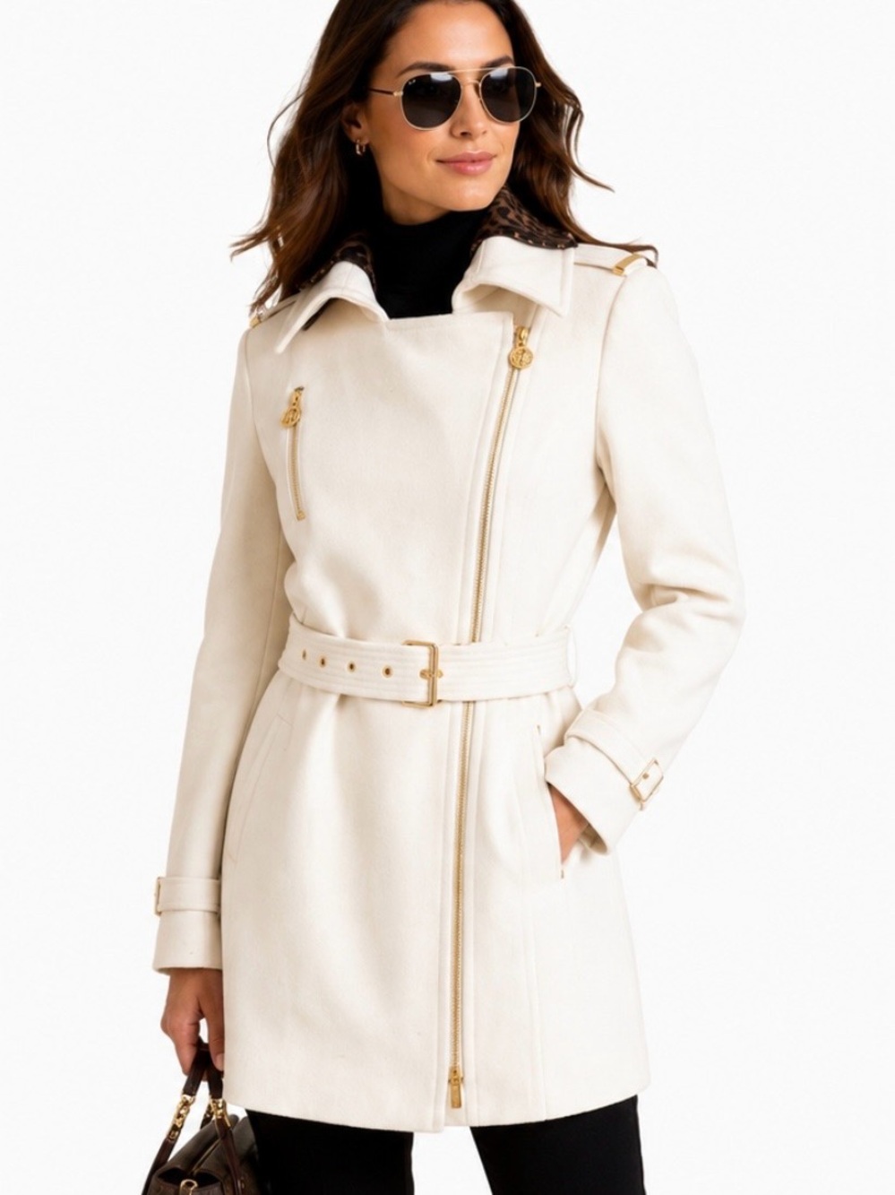 Michael Kors Cream Wool Trench Coat with Gold Accents 6